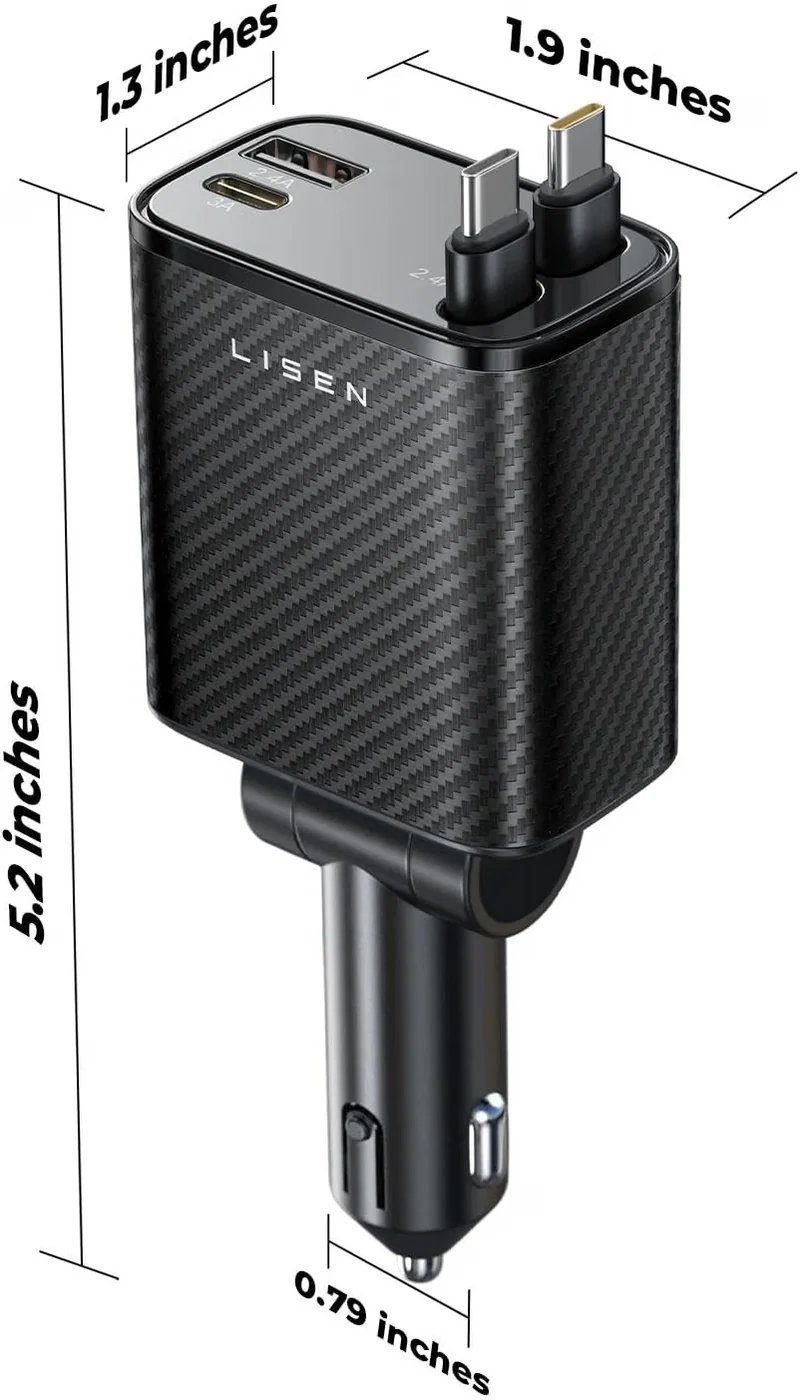 LISEN Retractable Car Charger USB C [Upgraded Dual Type C] 75W Fast 4 in 1 Car Charger for iPhone 17, Gifts for Him Her Men Women, Carbon Black