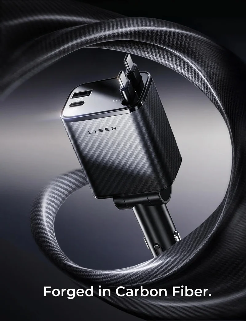 LISEN Retractable Car Charger USB C [Upgraded Dual Type C] 75W Fast 4 in 1 Car Charger for iPhone 17, Gifts for Him Her Men Women, Carbon Black