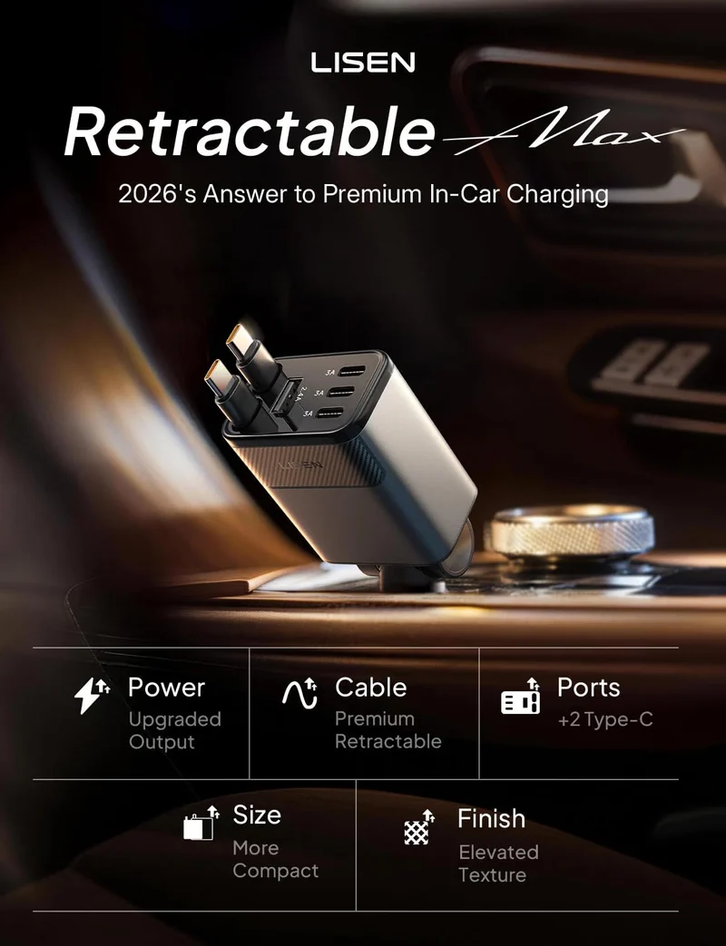 LISEN 138W Retractable USB C Car Charger Fast Charge 6-Port for iPhone 18
