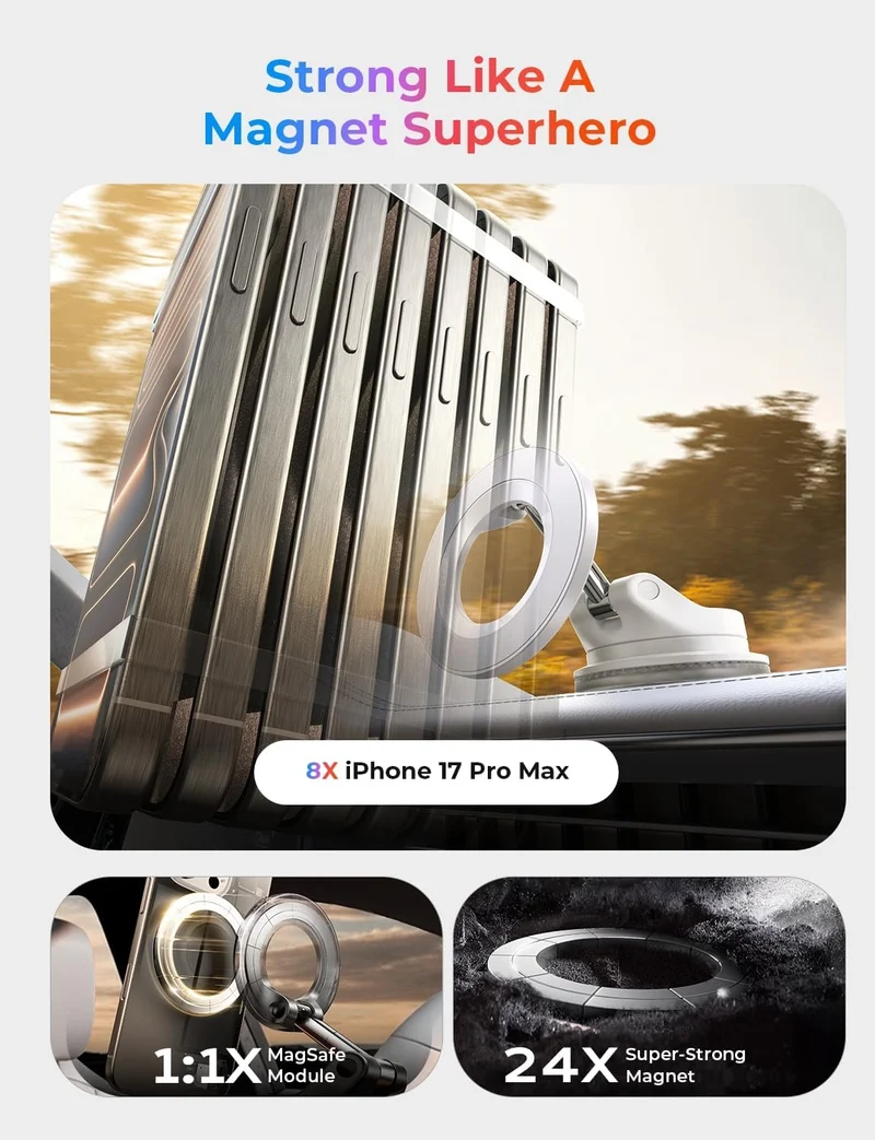 LISEN for MagSafe Car Mount [3800gf Strong Magnet&90+LBS Suction] 360 Adjustable Vacuum Magnetic Phone Holders for Your Car, for iPhone 18 Pro Max 17 16 15 14 13 12 Plus Air for Shower All Smartphone