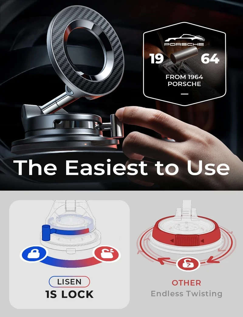 LISEN for Magsafe Car Mount, Magnetic Phone Holders for Your Car Vacuum, Phone Mount for Car Accessories for Women Men Jeep BMW, Suction Holder Kits, for iPhone 17 Pro Max 16 15 14 13 12,Carbon Fiber