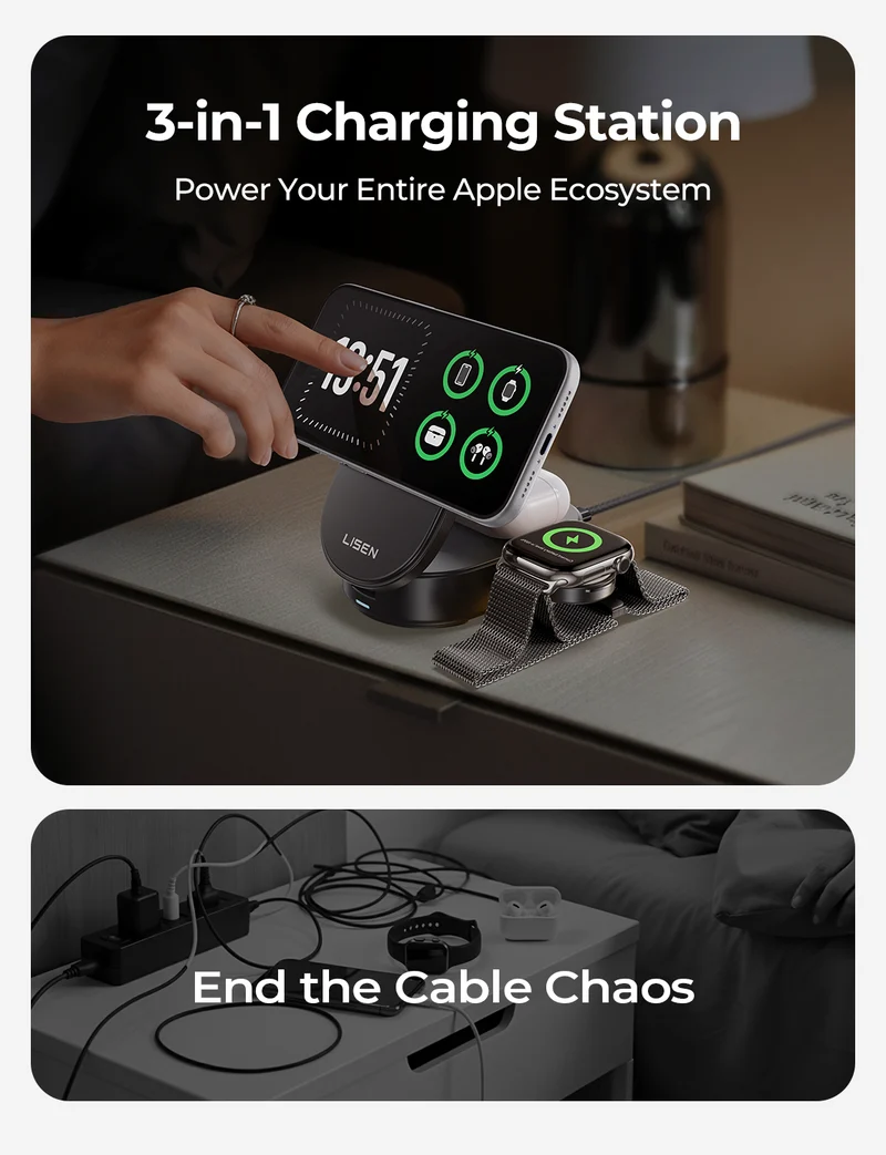 LISEN QI2.2 25W MagSafe Wireless Charger for iPhone 18 Pro Max, Qi2 25W 3 in 1 Charging Station Apple Stand for iPhone 18/17/16/15/14/13 Pro Max, Apple Watch&AirPods, Travel Portable with 45W Adapter