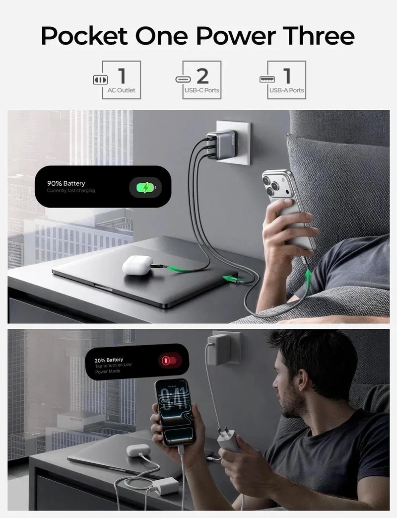 LISEN 100W USB C GaN Charger 3-Port for iPhone 17 Charger Fast Charging
