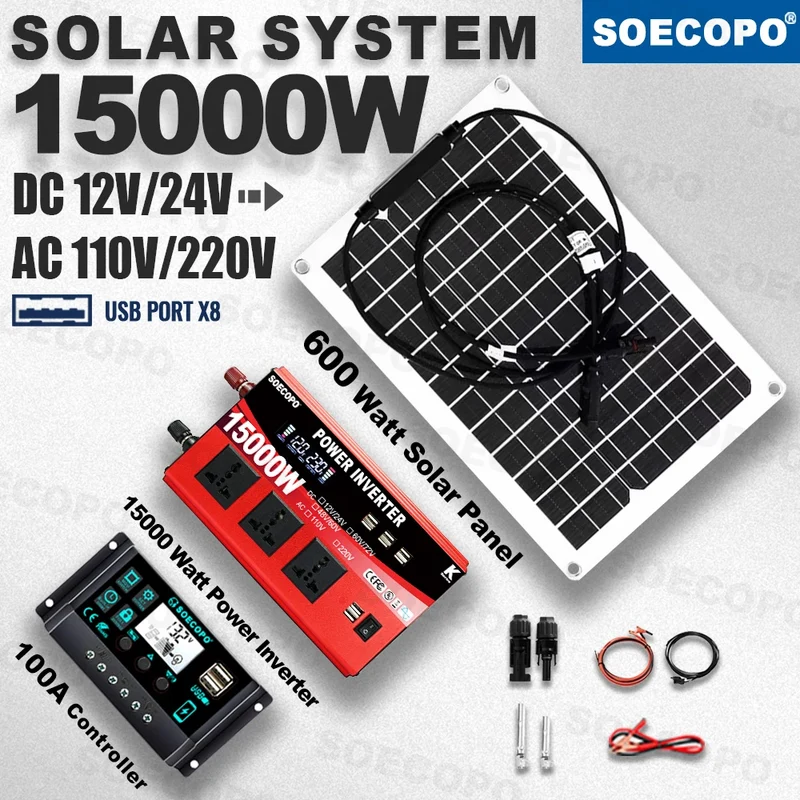 15000W Peak Solar System Kit 600W Panel DC 12V/24V To AC 110V/220V Inverter 100A Controller Complete Off Grid For Camping/Home