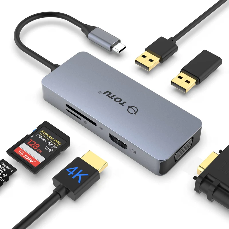 TOTU 6‑in‑1 USB‑C Docking Station — 4K HDMI, VGA, USB 2.0 Ports, SD/TF Card Reader