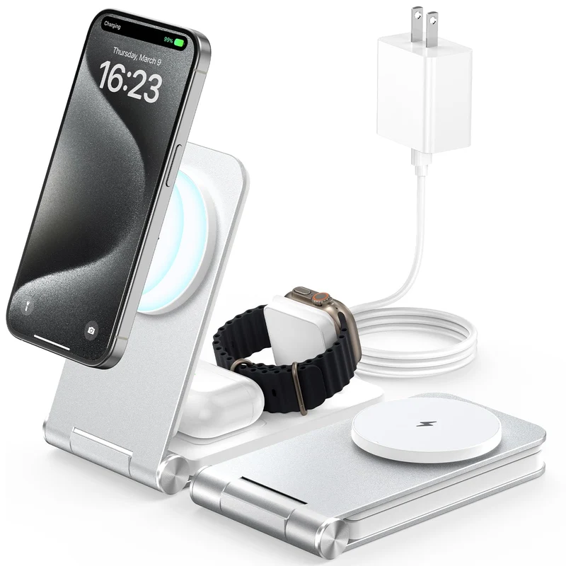 Facbiny 3‑in‑1 MagSafe Foldable Charging Station with 20W Fast Adapter - Silver