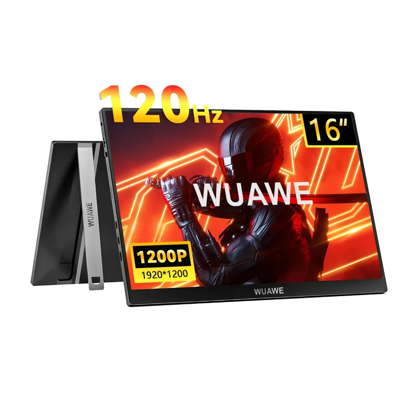 WUAWE 16" 120 Hz USB‑C Portable Display - 1920×1200 (1200P) IPS, 120 Hz, 100% sRGB, HDR, Freesync, USB‑C & Mini‑HDMI, Built‑in Stand (Black)