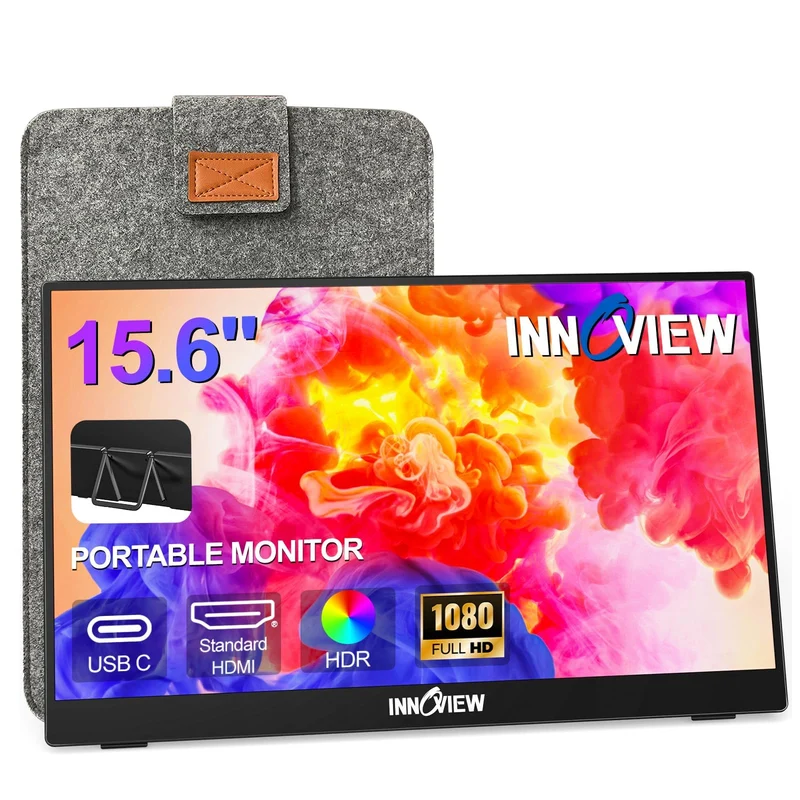 InnoView 15.6-inch Ultra‑Slim 1080P Travel Monitor with 90° Stand and Protective Sleeve