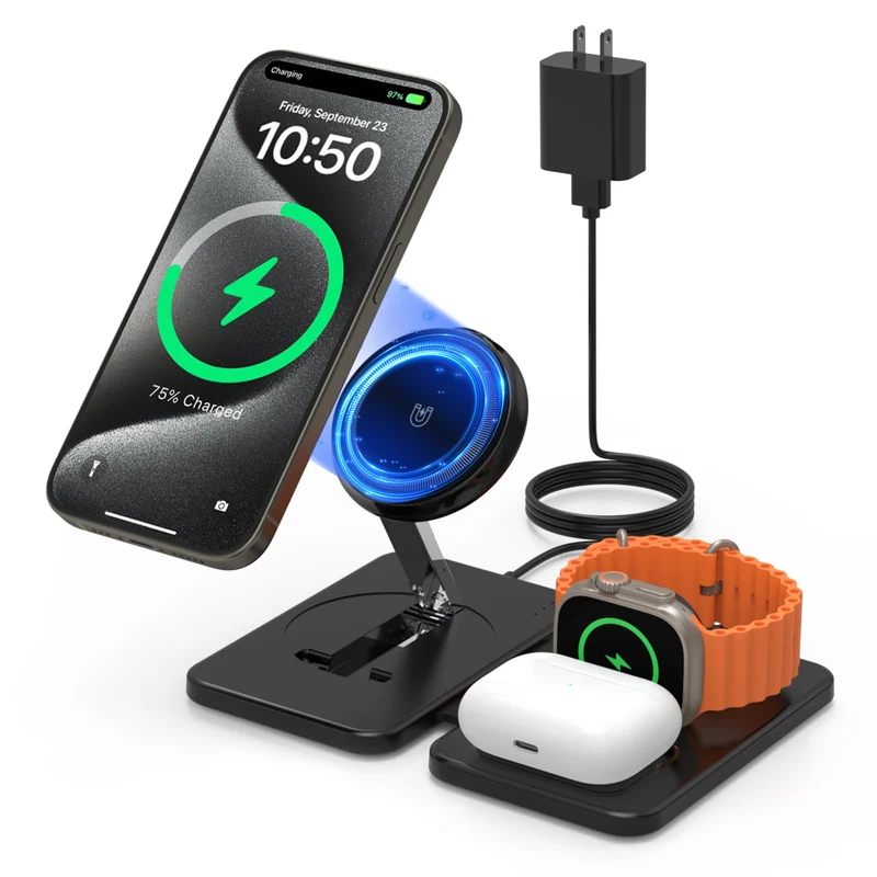 JoyGeek 3‑in‑1 MagSafe Wireless Charging Station - Foldable Travel Pad Including 18W Adapter