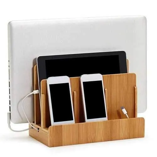 Multifunctional Bamboo Charger Dock Stand Desktop Phone Holder Organizer for Phone Tablet PC