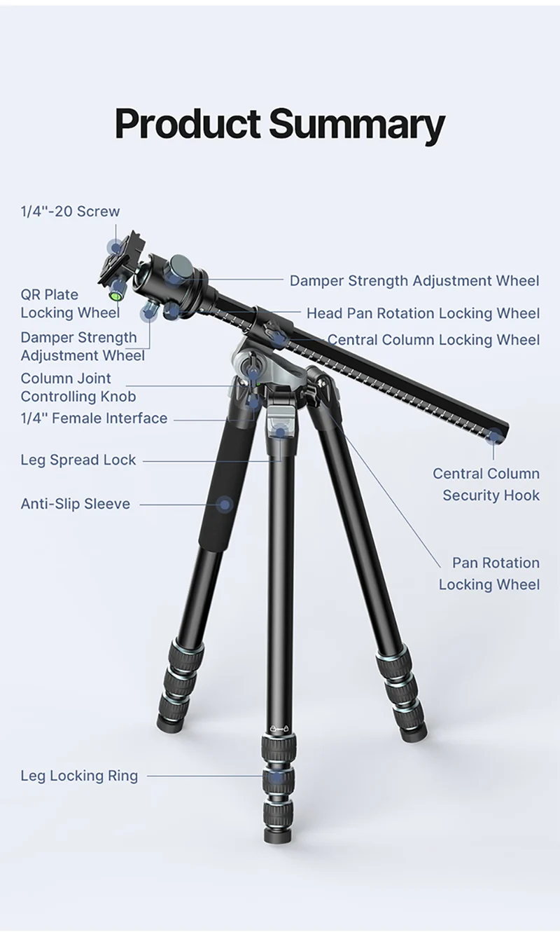 Ulanzi MT-59 Premium-Stativ mit horizontalem/neigbarem Arm – 176 cm