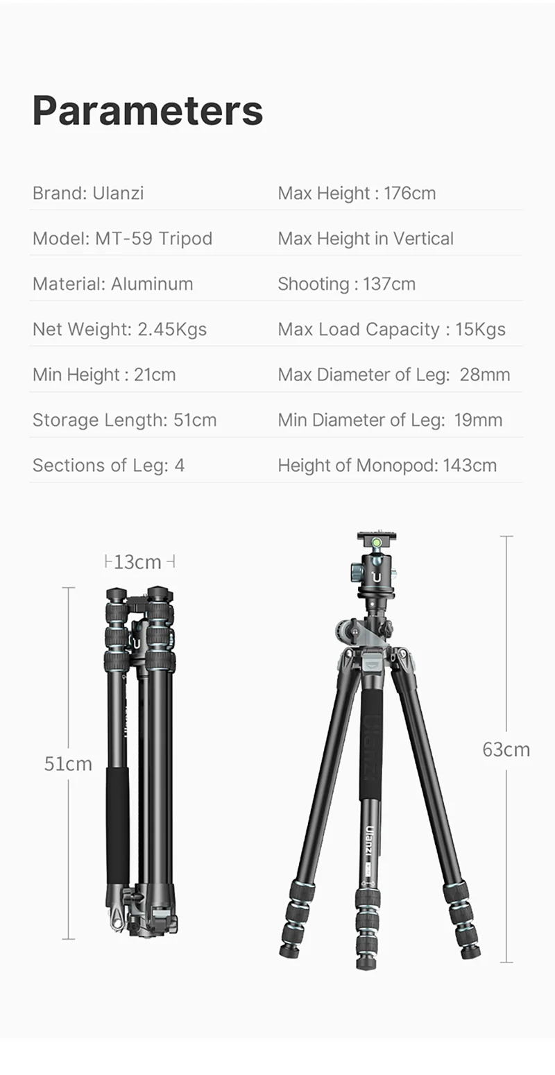 Ulanzi MT-59 Premium-Stativ mit horizontalem/neigbarem Arm – 176 cm