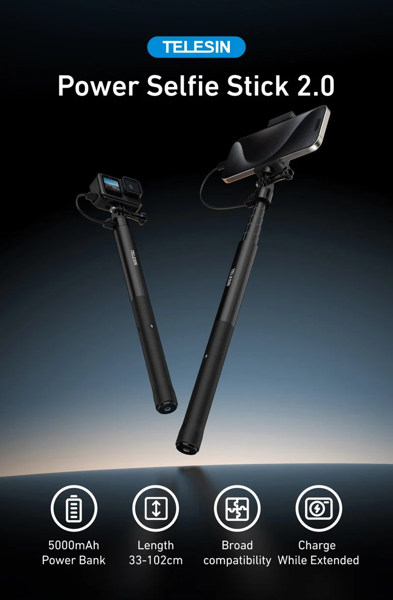 Telesin Power Selfie Stick 2.0 – 102 cm, 18 W, 5000 mAh