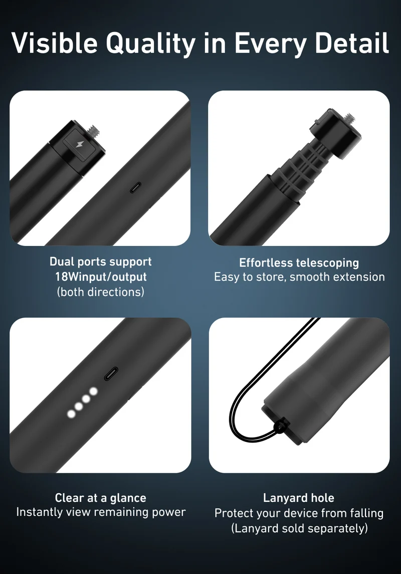 Telesin Power Selfie Stick 2.0 – 102 cm, 18 W, 5000 mAh