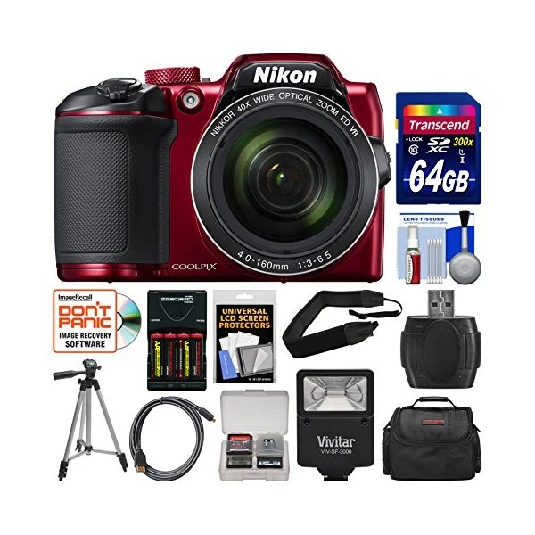 Nikon Coolpix B500 Wi Fi Digital Camera Red with 64GB Card Case Flash Batteries Charger Tripod Strap Kit