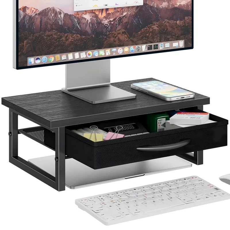 Ekisemio 2Tier Monitor Stand with Fabric Drawer Wood and Metal Computer Riser, Desk Organizer for Office, Black