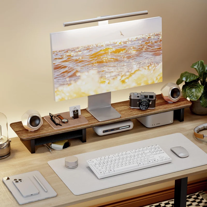 PEGZONE 46 Dual Monitor Riser, Metal Shelf Wooden Desk Organizer