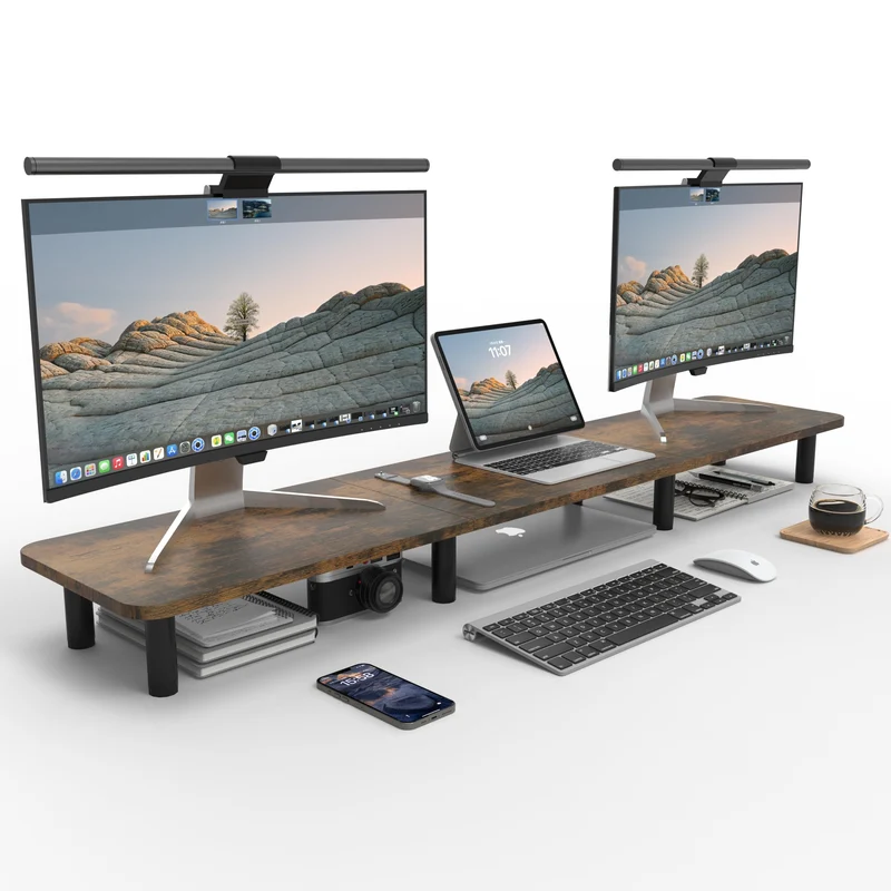 WEGASTU Dual Monitor Stand 43.7 inch Extra Long Wide TV Stand Wood & Steel Leg Desktop Riser Desk Organization Home Offi