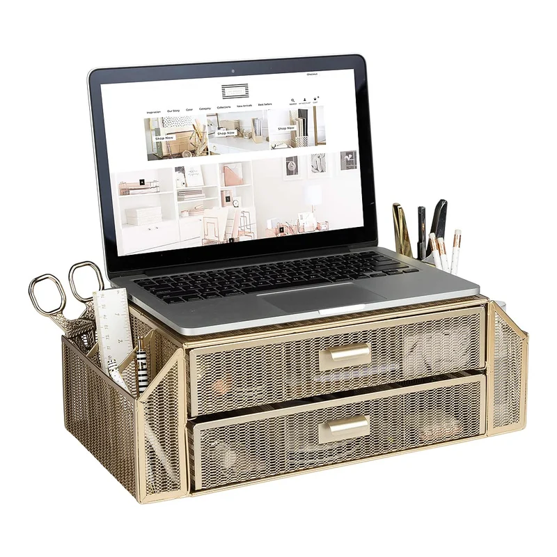BLU MONACO | Monitor Stand with Drawer Storage | Desk Top Monitor Stand Riser Gold | Computer Support Organizer Elevador de Moni