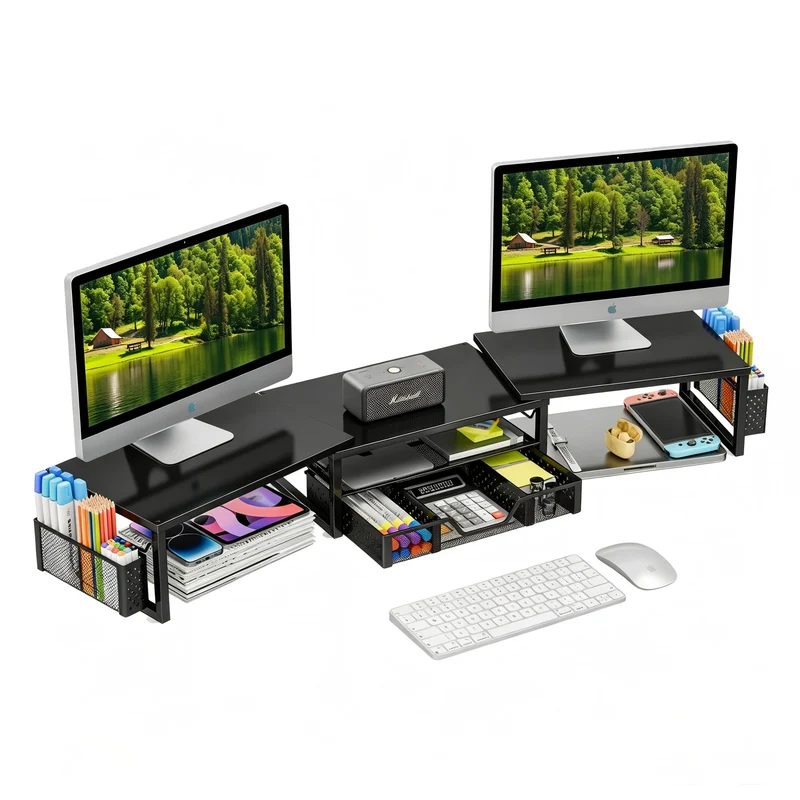 Simple Trending Dual Monitor Stand with Drawer and 2 Pen Holders, Black