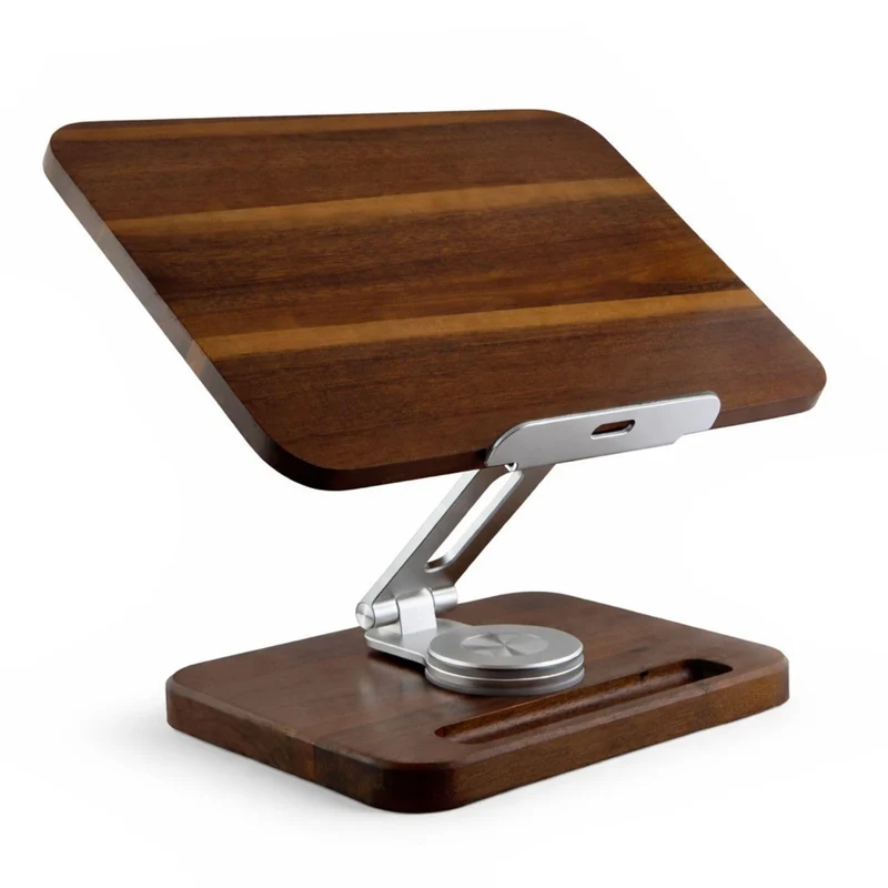 Birchline Wooden Laptop & Notebook Stand for Desk 360 Rotating Walnut Base, Adjustable Ergonomic Riser Reduce Neck Shoulder St
