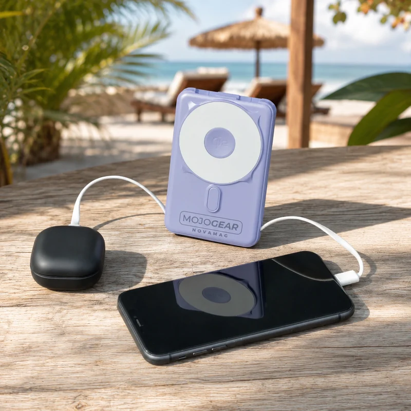 MOJOGEAR NovaMag All-in-1 Powerbank 10.000 mAh – Kabelloses Qi2 & integrierte Kabel – Lila