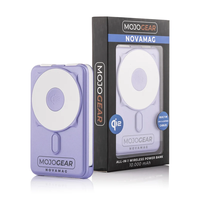 MOJOGEAR NovaMag All-in-1 Powerbank 10.000 mAh – Kabelloses Qi2 & integrierte Kabel – Lila