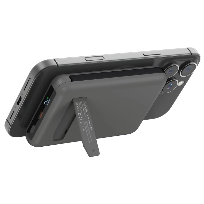 MOJOGEAR NovaMag All-in-1 Powerbank 10.000 mAh – Kabelloses Qi2 & integrierte Kabel – Grau