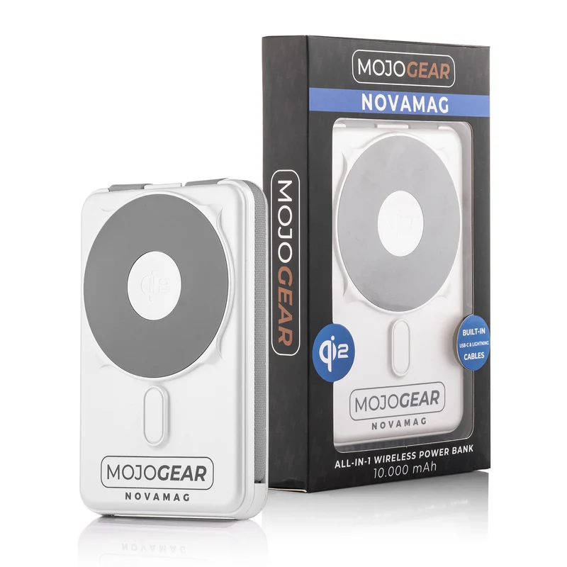 MOJOGEAR NovaMag All-in-1 Powerbank 10.000 mAh – Kabelloses Qi2 & integrierte Kabel – Weiß