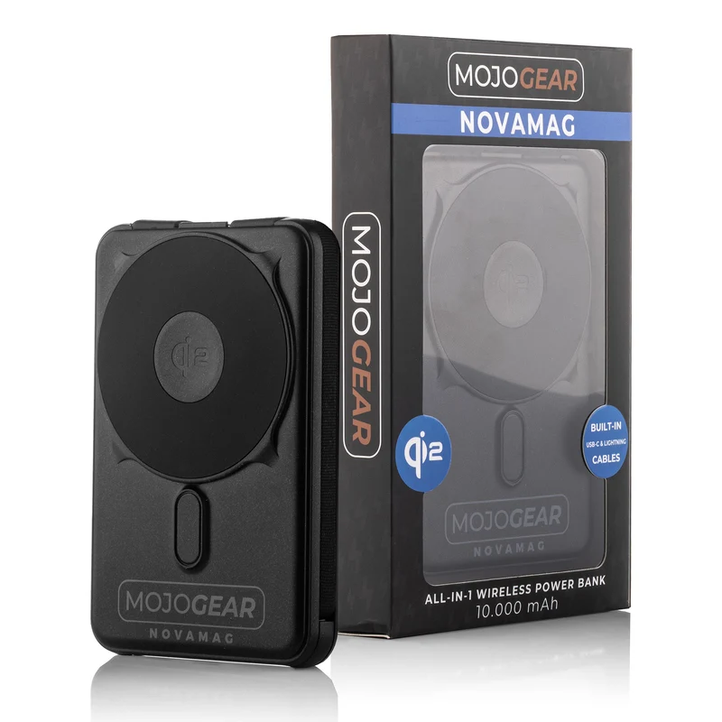 MOJOGEAR NovaMag All-in-1 Powerbank 10.000 mAh – Kabellos Qi2 & Integrierte Kabel – Schwarz