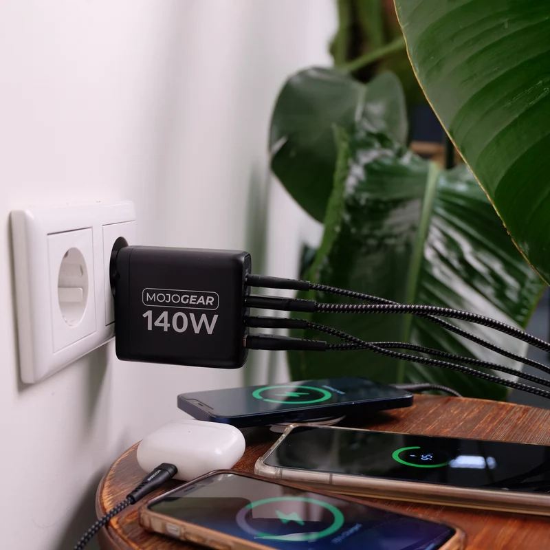 MOJOGEAR CHARGE+ 140 Watt Ladegerät mit USB auf Lightning Kabel 1,5 Meter | iPhone Schnellladegerät