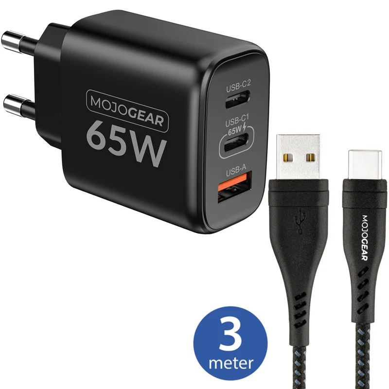 MOJOGEAR CHARGE+ 65W Schnellladegerät mit USB auf USB-C Kabel 3 Meter | Passend für Samsung/iPhone 15/16