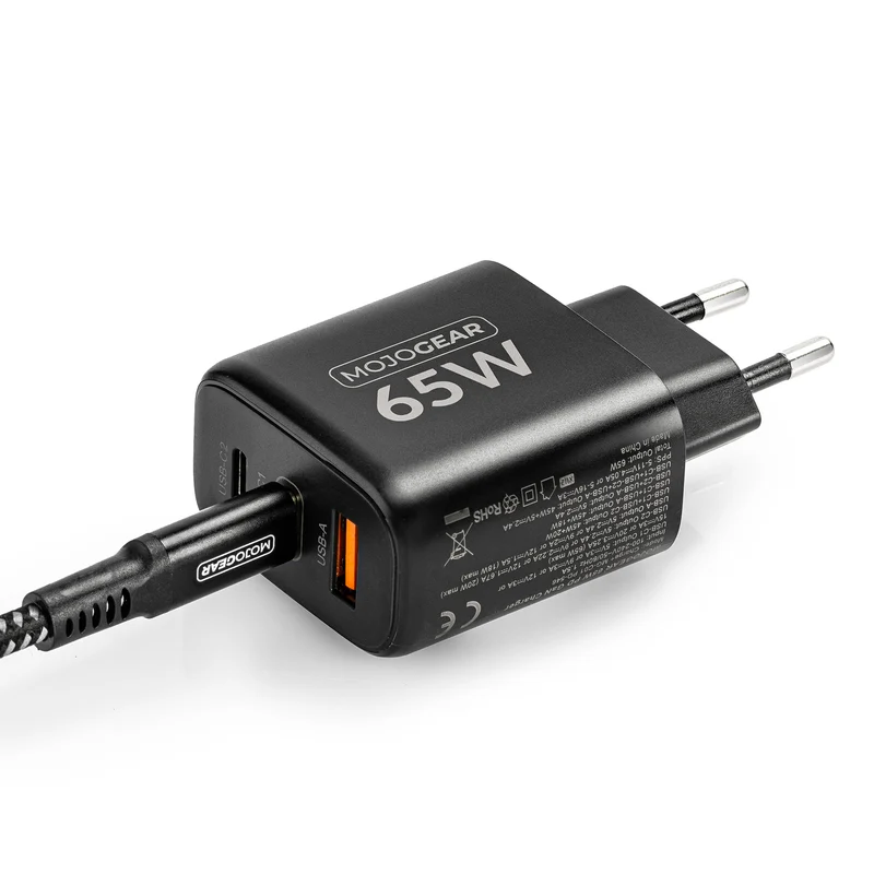 MOJOGEAR CHARGE+ 65W Schnellladegerät mit USB auf USB-C Kabel 3 Meter | Passend für Samsung/iPhone 15/16