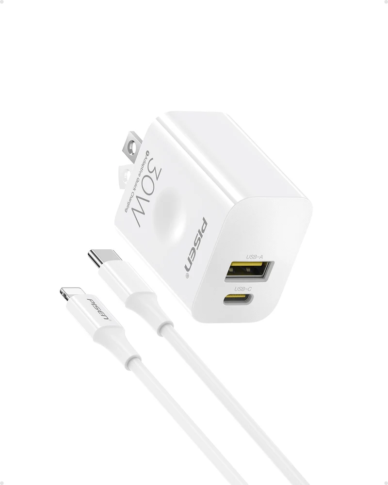 PISEN 30W USB C Charger PD QC 3.0 Dual Port Charging Block, 30 Watt USB C Charger with 4 FT Type C to L Cable, 30W Fast Charge