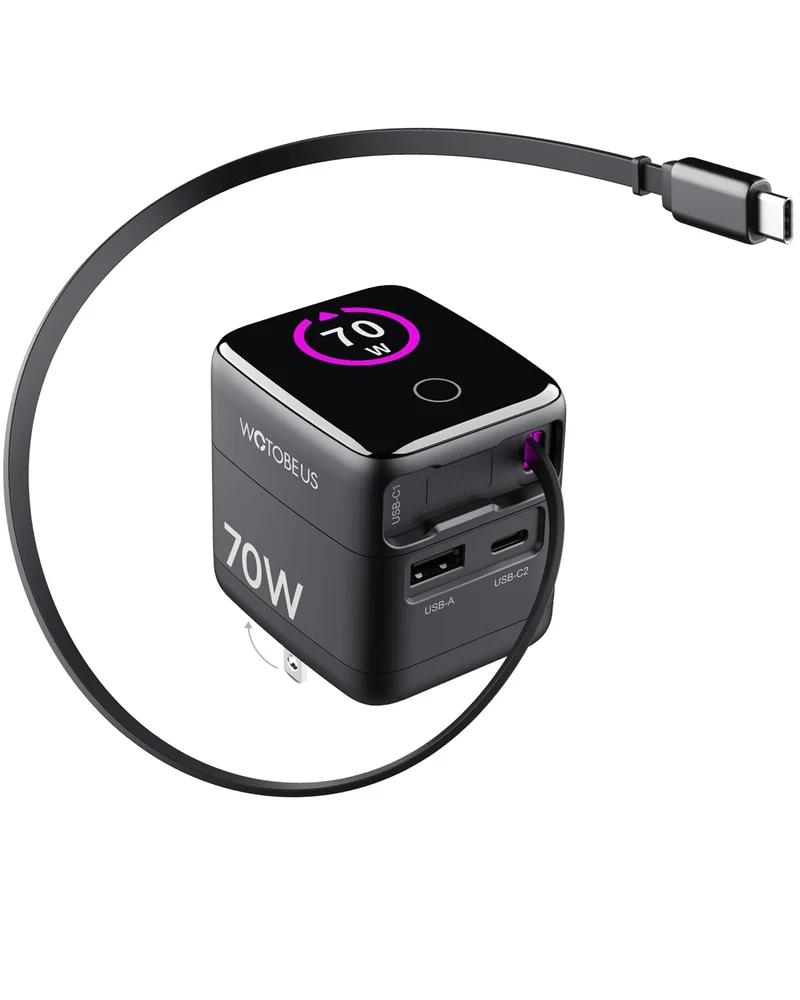 WOTOBEUS 70W/65W GaN USB C PD Charger, Retractable USB C Charger with AI Digital Display Travel Laptop Power Adapter, PPS 45W
