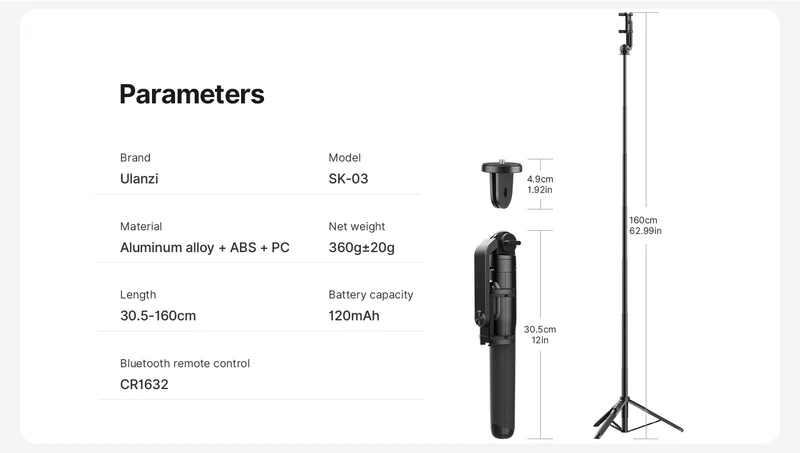 Ulanzi SK-03 Selfie Stick Stativ 1,6 m mit Bluetooth-Fernauslöser