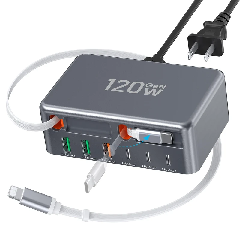 2026 Updated USBC Fast Charging Station, 120W GaN 8Port Retractable Charger Adapter, Includes 2.3ft Lightning+TypeC Dual Cabl