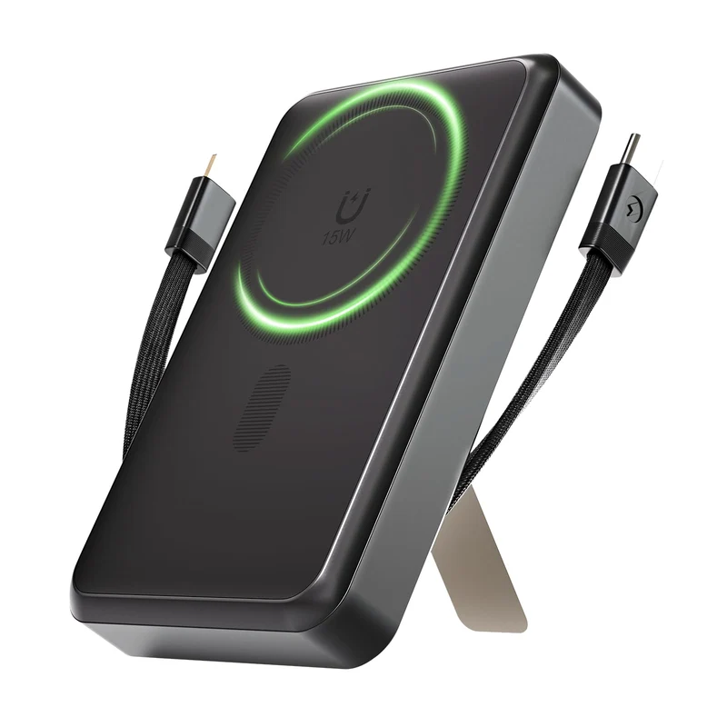 Magnetic Power Bank 10000mAh for Samsung & Android, 4in1 Portable Charger with Builtin TypeC/Lightning Cables and Foldable S