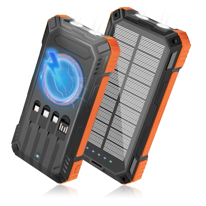 Solar Power Bank 49800mAh Wireless Portable Charger 15W Fast Charging with 4 Builtin Cables. Equipped with a Powerful Flashli