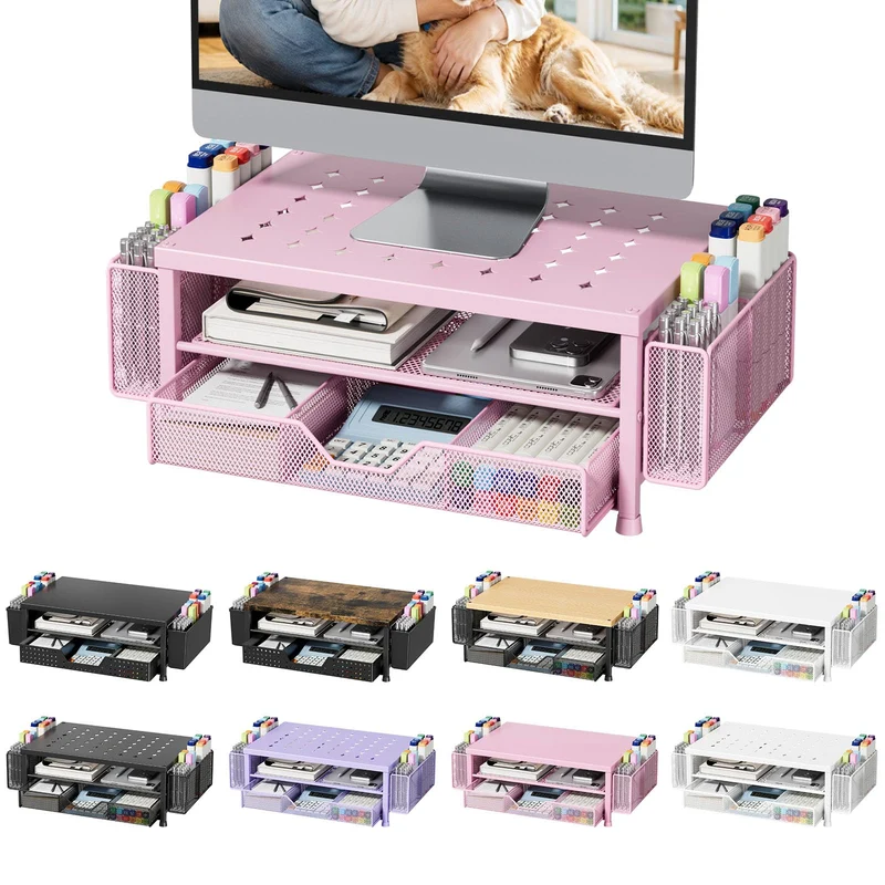 Monitor Stand Riser with Mesh Drawer and 2 Pen Holders, Pink Star Vent Top