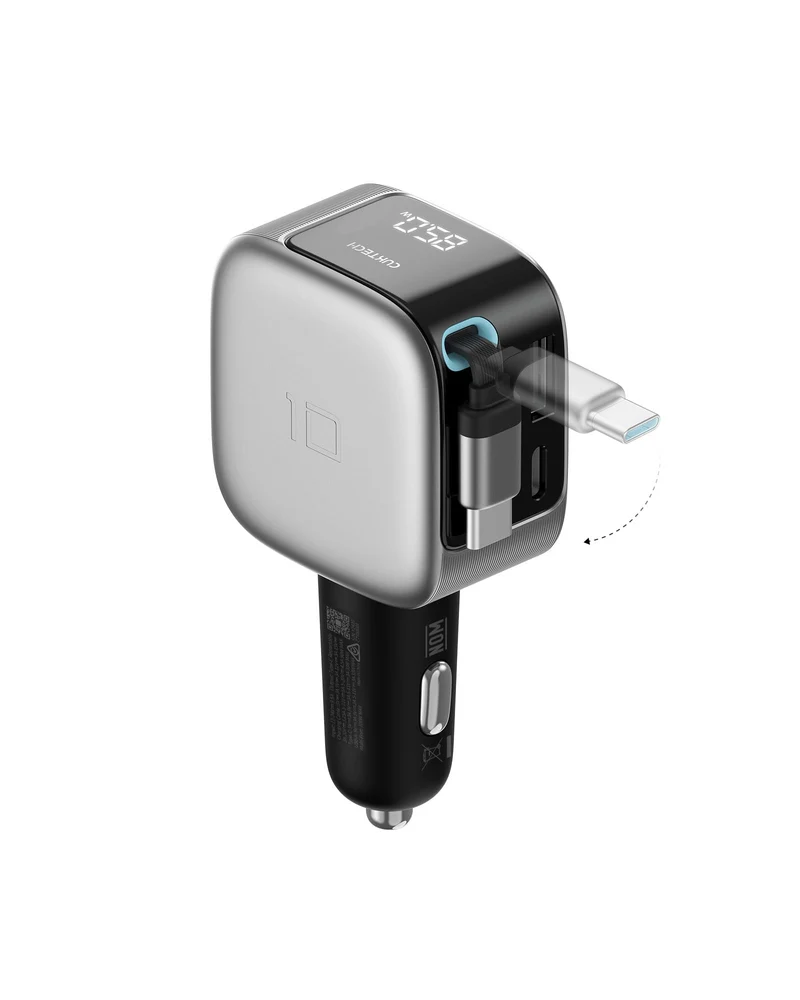 CUKTECH 85W Car Charger with Builtin Retractable Cable(2.3ft), 3Port(2C1A) GaN Car Adapter, Smart LED Display, Power and Volta