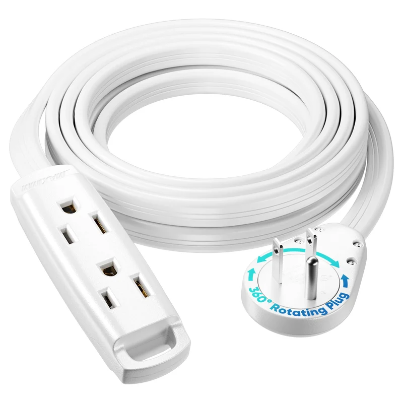 Maximm 10 Ft 360 Rotating Flat Plug Extension Cord, 14 AWG, White, UL