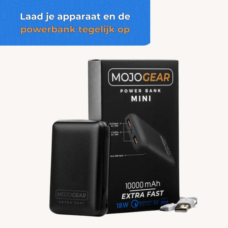 MOJOGEAR MINI EXTRA FAST 10.000 mAh Powerbank mit USB-C auf USB Kabel Extra Stark 1,5m