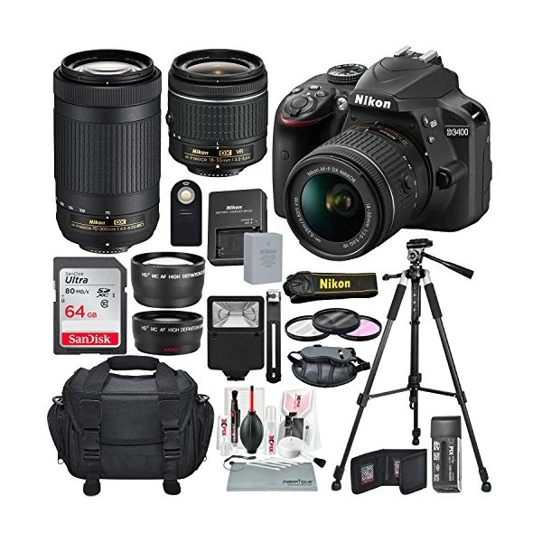 Nikon D3400 with AF P DX NIKKOR 18 55mm f 3 5 5 6G VR Nikon AF P DX NIKKOR 70 300mm f 4 5 6 3G ED Lens 64GB Deluxe Accessor