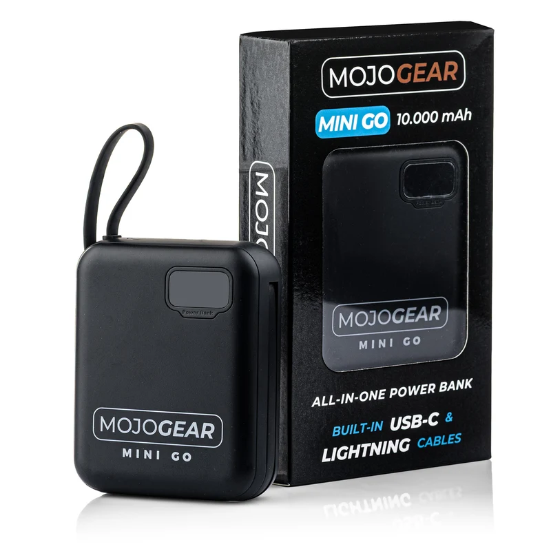 MOJOGEAR MINI GO 10.000 mAh Powerbank mit integrierten Kabeln – Schwarz