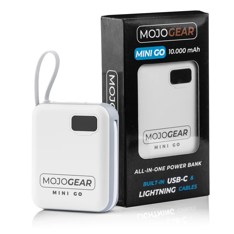 MOJOGEAR MINI GO 10.000mAh Powerbank mit Kabeln – Weiß