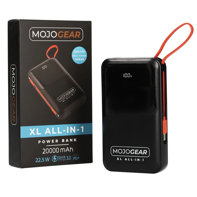 MOJOGEAR XL All-in-1 Powerbank 20.000 mAh mit integrierten Lightning- und USB-C-Kabeln