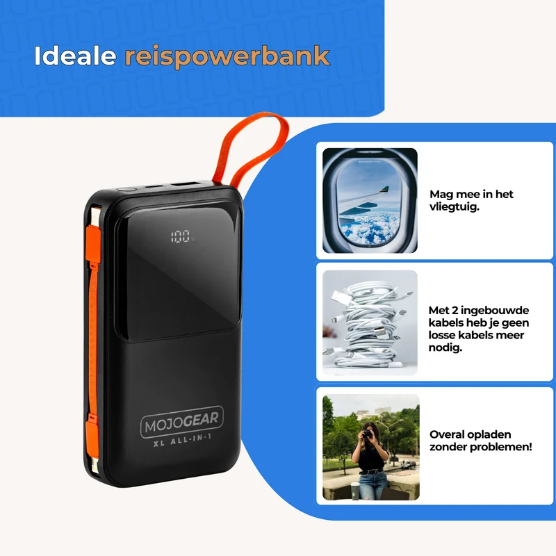 MOJOGEAR XL All-in-1 Powerbank 20.000 mAh mit integrierten Lightning- und USB-C-Kabeln