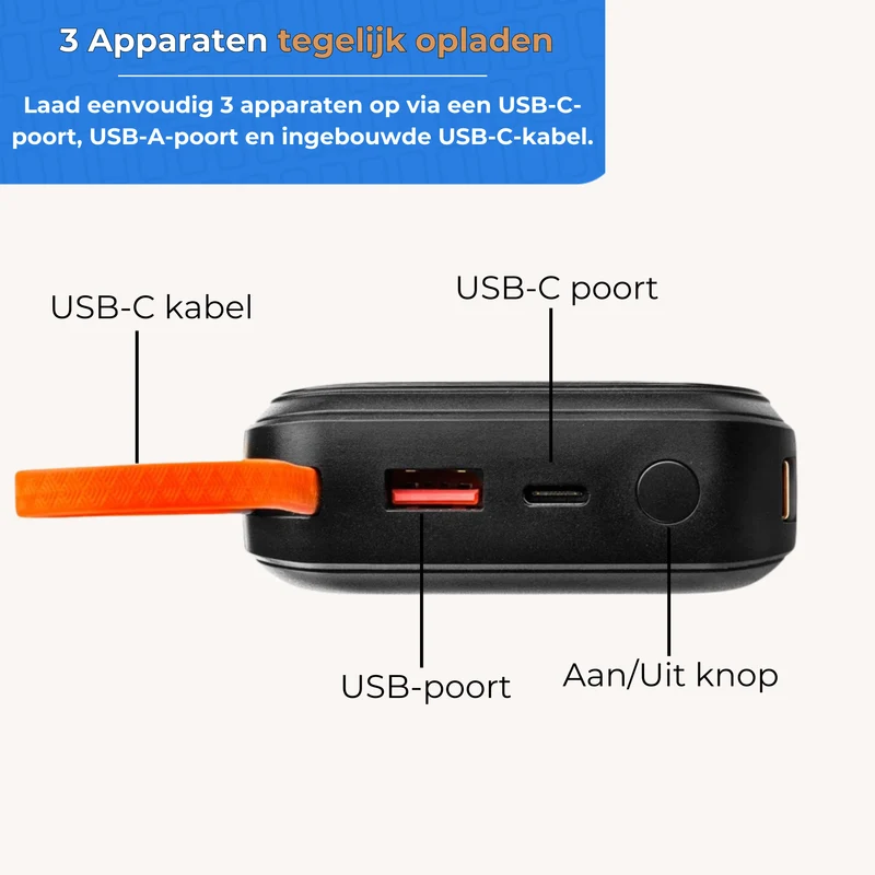MOJOGEAR XL All-in-1 Powerbank 20.000 mAh mit integrierten Lightning- und USB-C-Kabeln