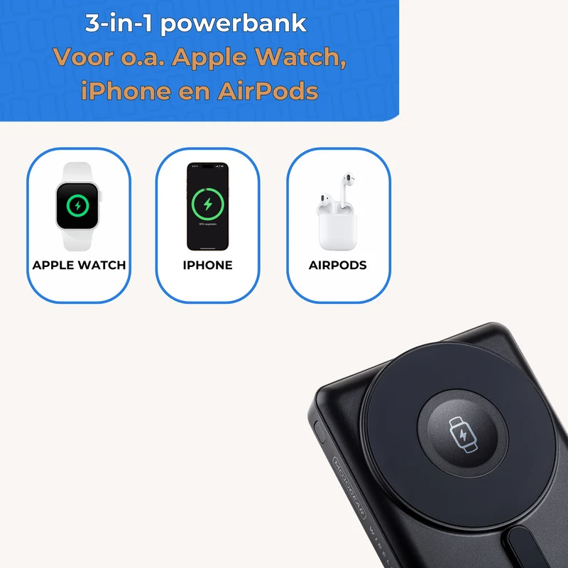 MOJOGEAR 3-in-1 Kabelloses Telefon+Uhr - MagSafe Powerbank 10.000 mAh